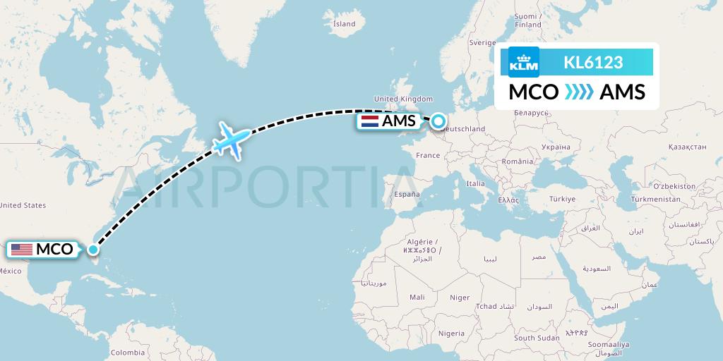 KL6123 KLM Flight Map: Orlando to Amsterdam