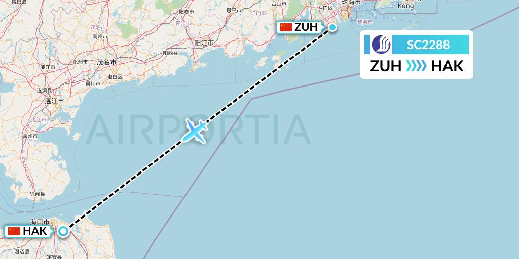 SC2288 Shandong Airlines Flight Map: Zhuhai to Haikou