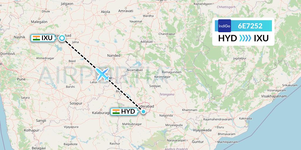 6E7252 IndiGo Airlines Flight Map: Hyderabad to Aurangabad