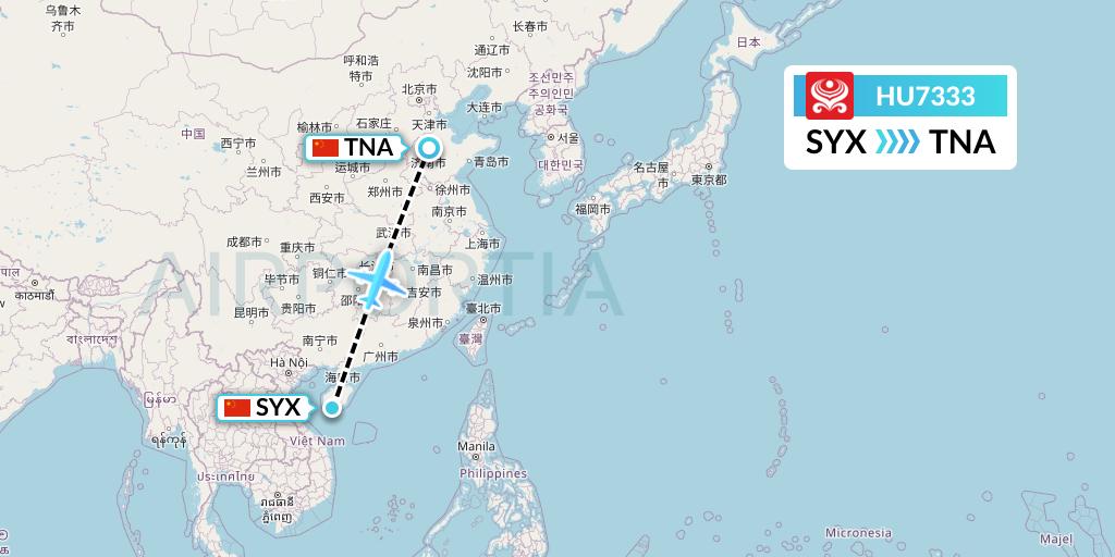 HU7333 Hainan Airlines Flight Map: Sanya to Jinan