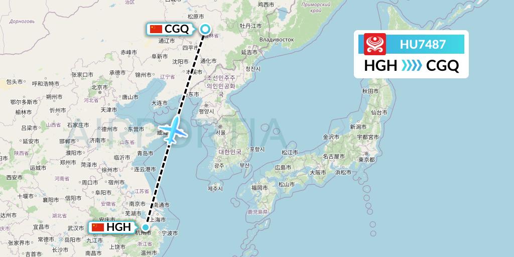 HU7487 Hainan Airlines Flight Map: Hangzhou to Changchun