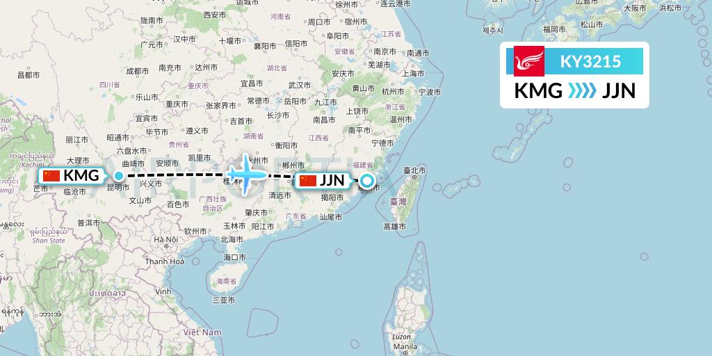 KY3215 Kunming Airlines Flight Map: Kunming to Jinjiang