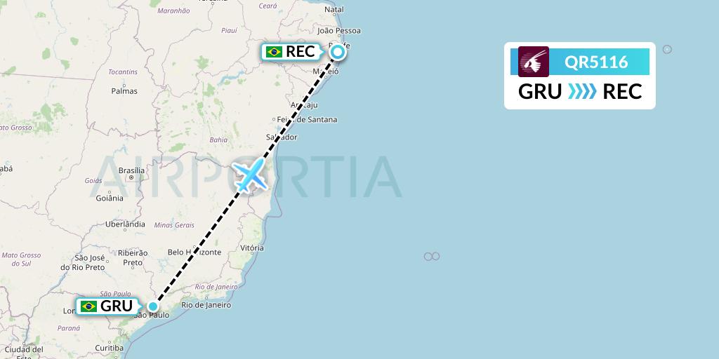 QR5116 Qatar Airways Flight Map: Sao Paulo to Recife