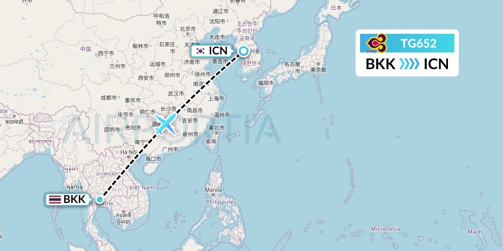 TG652 Thai Airways Flight Map: Bangkok to Seoul