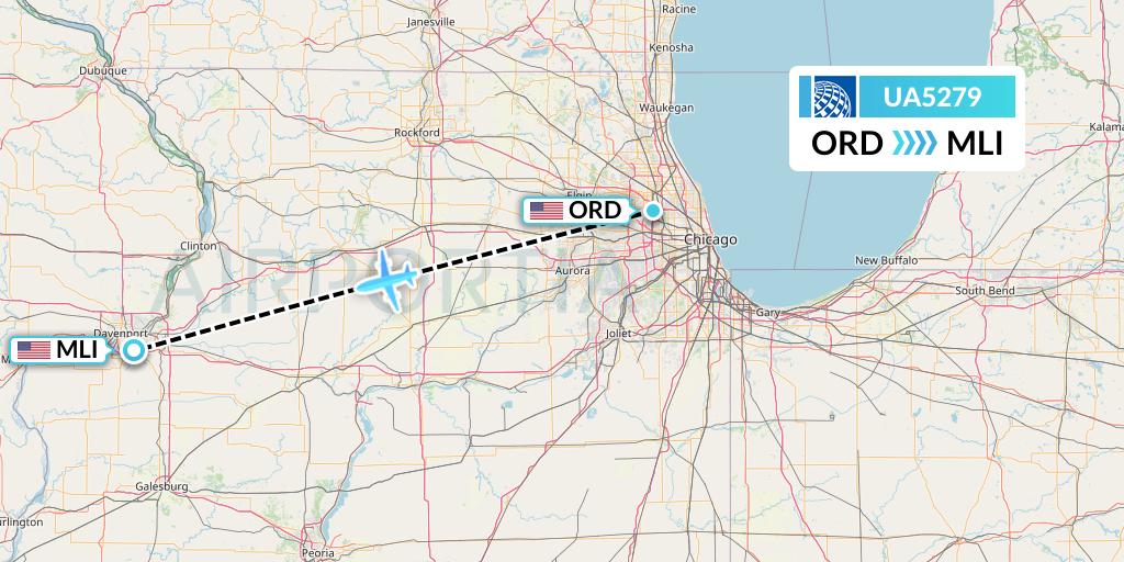 UA5279 United Airlines Flight Map: Chicago to Moline