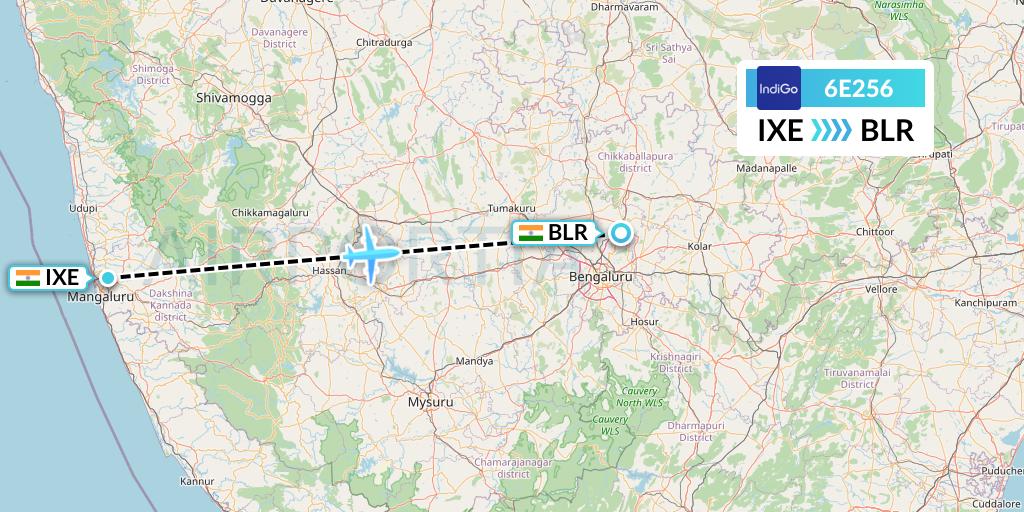 6E256 IndiGo Airlines Flight Map: Mangalore to Bangalore