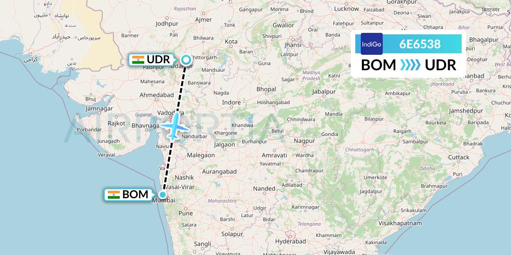 6E6538 IndiGo Airlines Flight Map: Mumbai to Udaipur