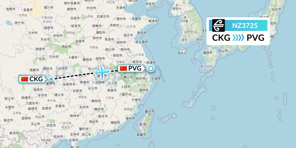NZ3725 Air New Zealand Flight Map: Chongqing to Shanghai