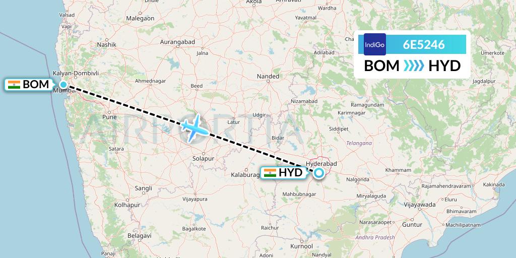 6E5246 IndiGo Airlines Flight Map: Mumbai to Hyderabad