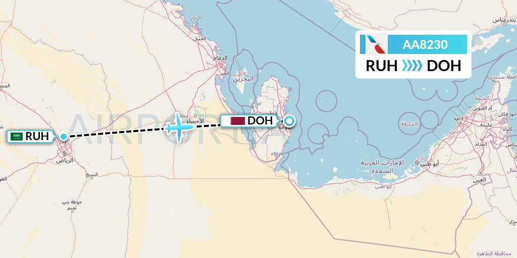 AA8230 American Airlines Flight Map: Riyadh to Doha