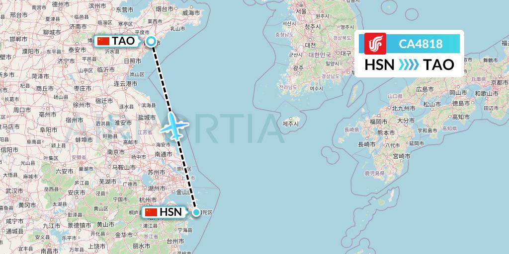 CA4818 Air China Flight Map: Zhoushan to Qingdao