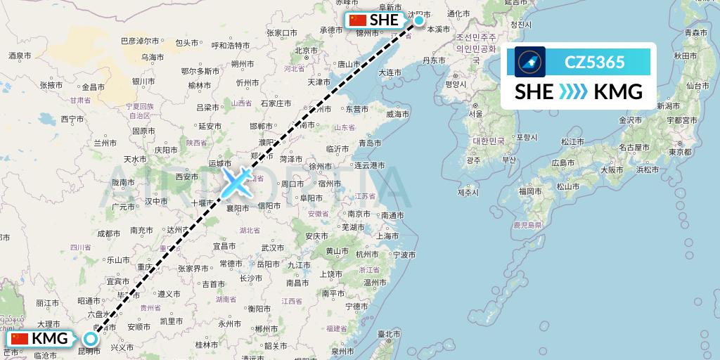 CZ5365 China Southern Airlines Flight Map: Shenyang to Kunming