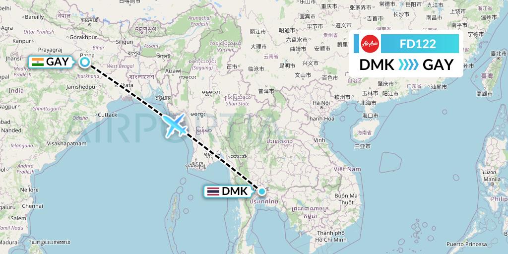 FD122 Thai AirAsia Flight Map: Bangkok to Gaya