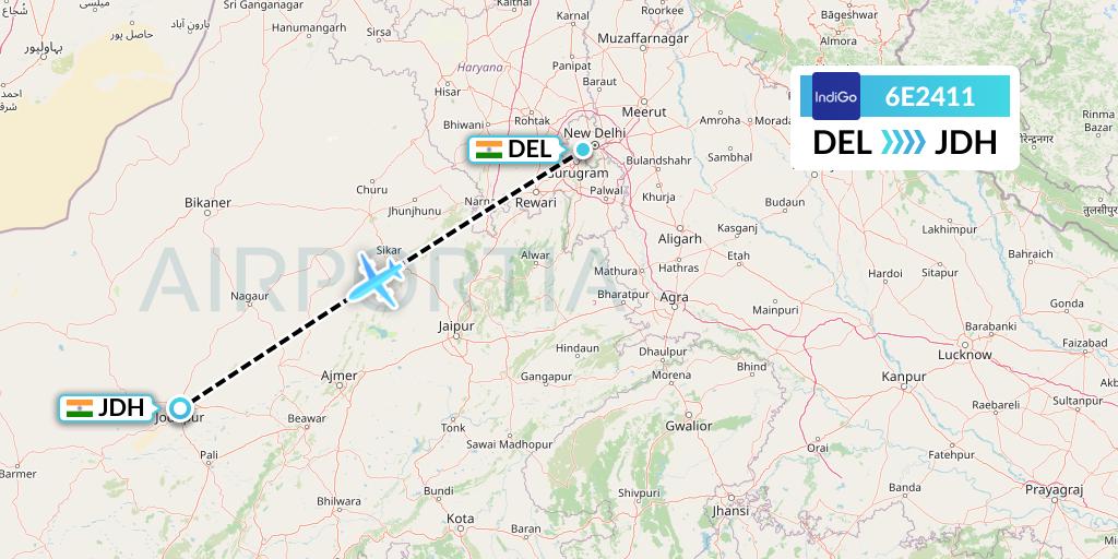 6E2411 IndiGo Airlines Flight Map: Delhi to Jodhpur