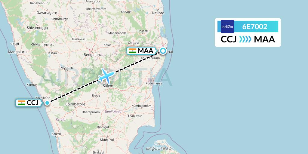 6E7002 IndiGo Airlines Flight Map: Kozhikode to Chennai