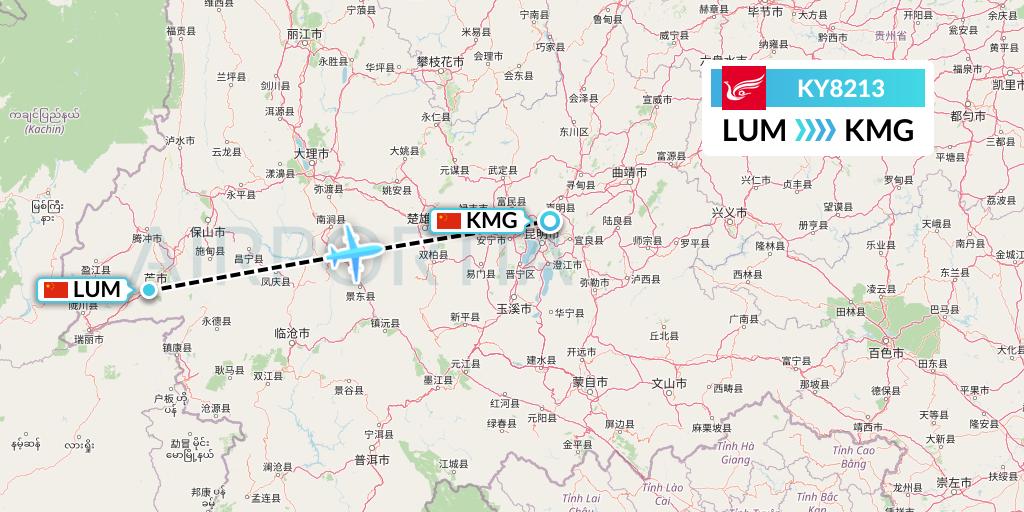 KY8213 Kunming Airlines Flight Map: Mangshi to Kunming