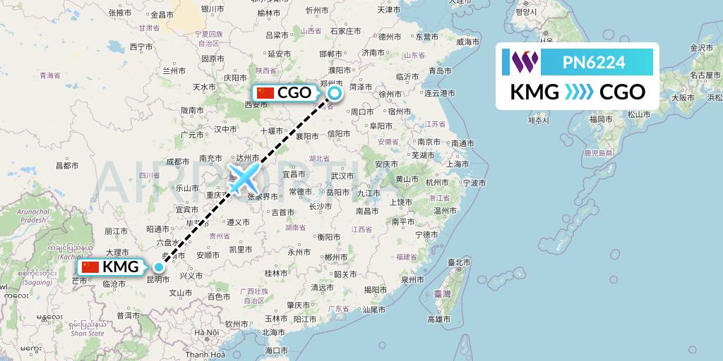 PN6224 China West Air Flight Map: Kunming to Zhengzhou