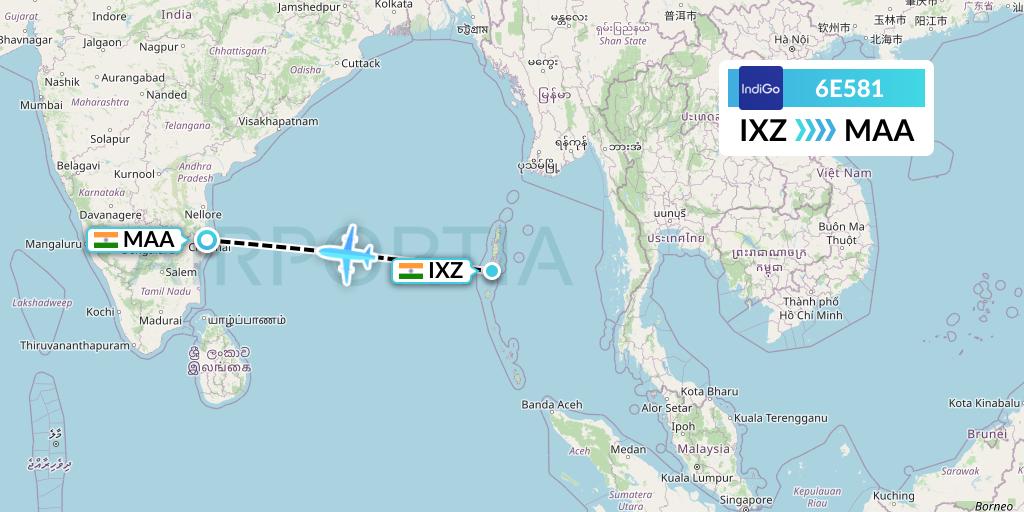 6E581 IndiGo Airlines Flight Map: Port Blair to Chennai