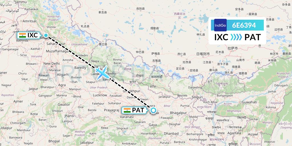 6E6394 IndiGo Airlines Flight Map: Chandigarh to Patna