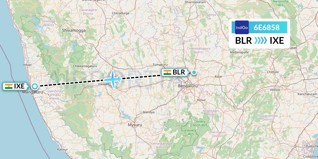 6E6858 IndiGo Airlines Flight Map: Bangalore to Mangalore