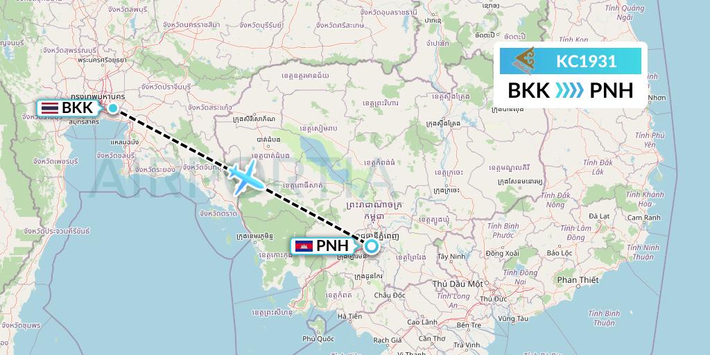 KC1931 Air Astana Flight Map: Bangkok to Phnom Penh