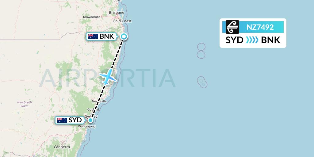 NZ7492 Air New Zealand Flight Map: Sydney to Ballina