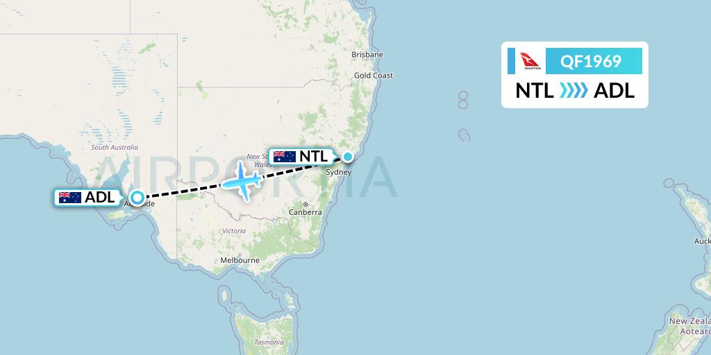 QF1969 Qantas Flight Map: Newcastle to Adelaide