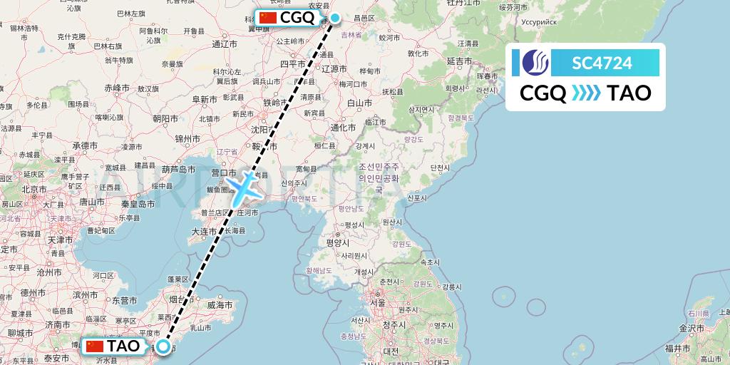 SC4724 Shandong Airlines Flight Map: Changchun to Qingdao