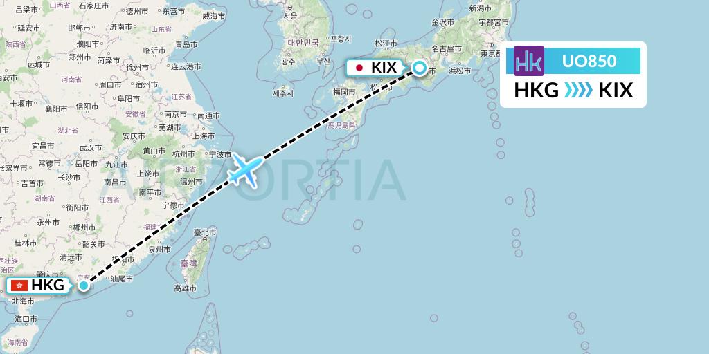 UO850 Hong Kong Express Flight Map: Hong Kong to Osaka