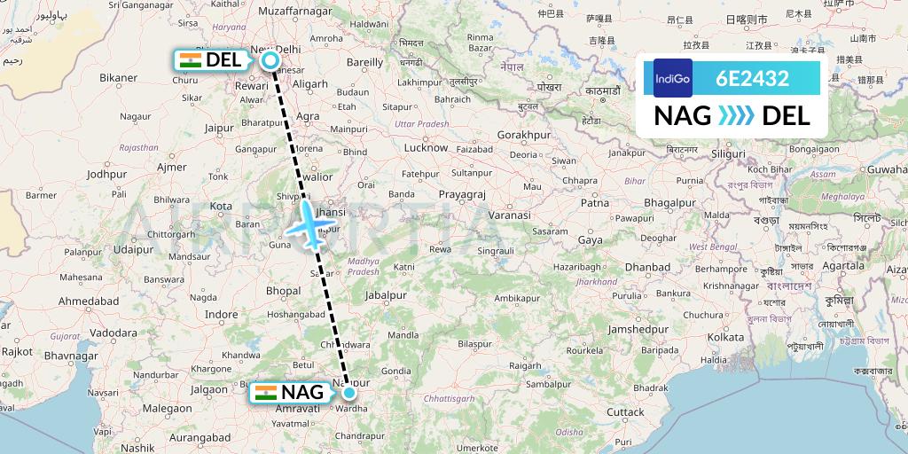 6E2432 IndiGo Airlines Flight Map: Nagpur to Delhi