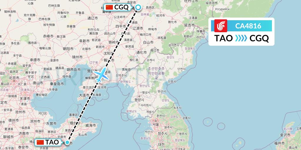 CA4816 Air China Flight Map: Qingdao to Changchun