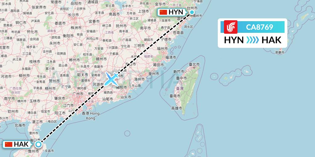 CA8769 Air China Flight Map: Huangyan to Haikou