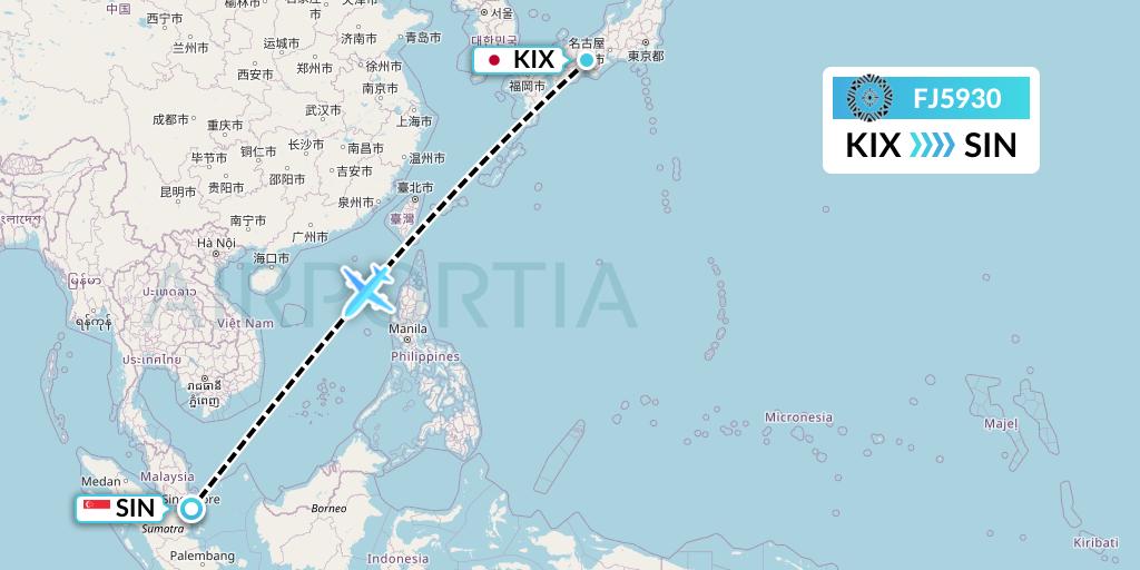 FJ5930 Fiji Airways Flight Map: Osaka to Singapore