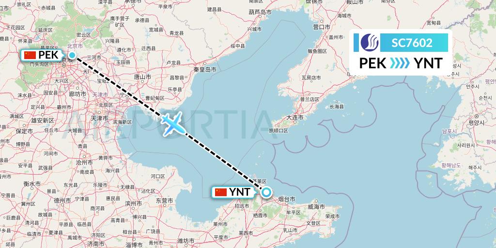 SC7602 Shandong Airlines Flight Map: Beijing to Yantai