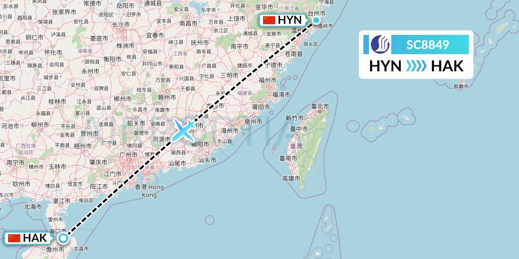 SC8849 Shandong Airlines Flight Map: Huangyan to Haikou