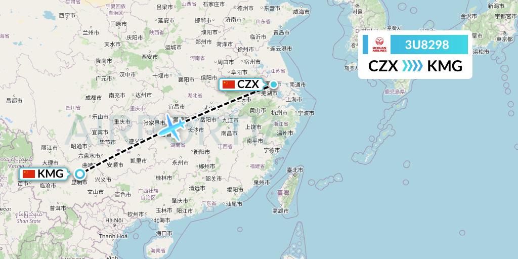 3U8298 Sichuan Airlines Flight Map: Changzhou to Kunming