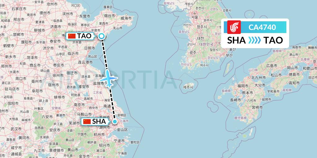 CA4740 Air China Flight Map: Shanghai to Qingdao