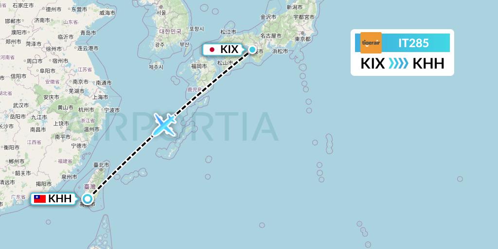 IT285 Tigerair Taiwan Flight Map: Osaka to Kaohsiung