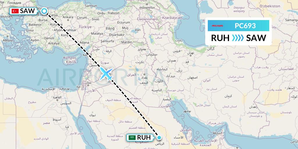 PC693 Pegasus Airlines Flight Map: Riyadh to Istanbul