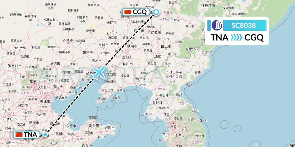 SC8038 Shandong Airlines Flight Map: Jinan to Changchun