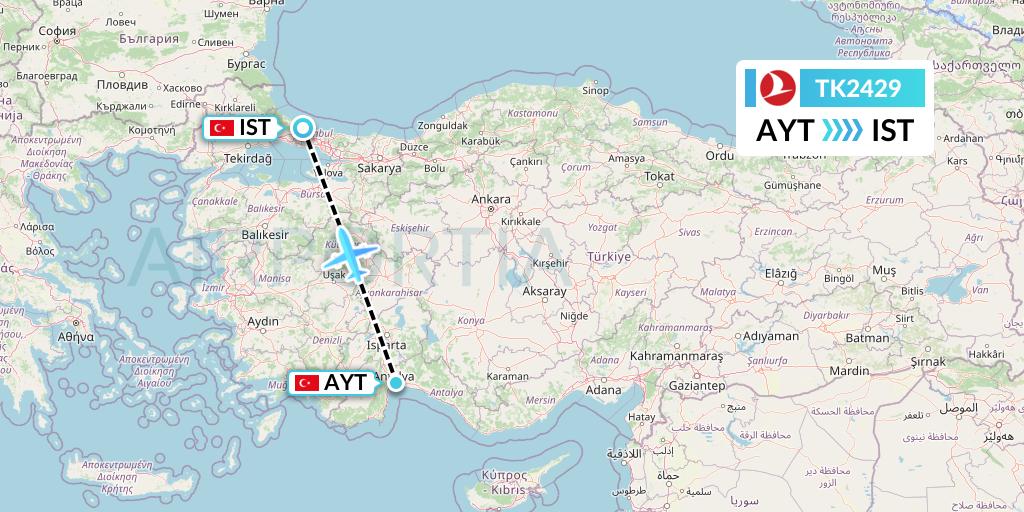 TK2429 Turkish Airlines Flight Map: Antalya to Istanbul