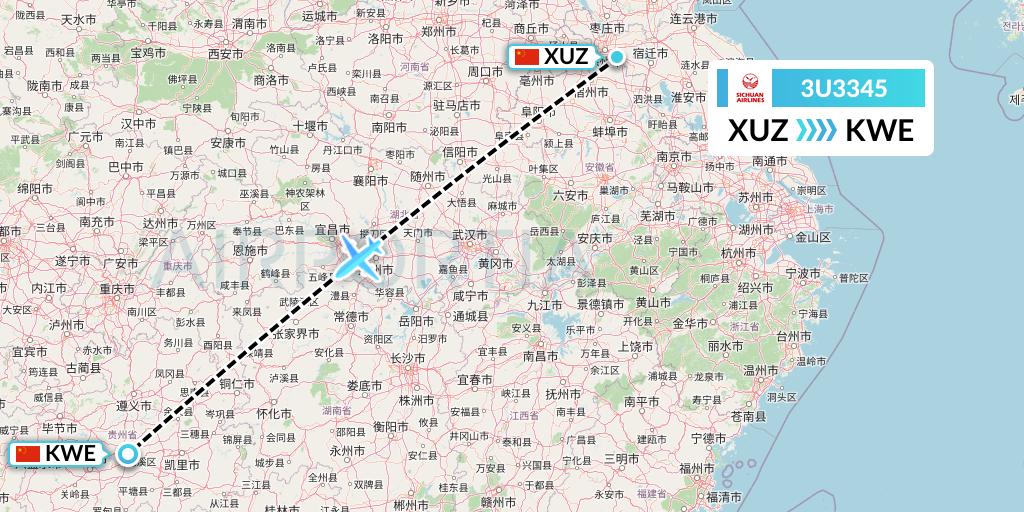 3U3345 Sichuan Airlines Flight Map: Xuzhou to Guiyang
