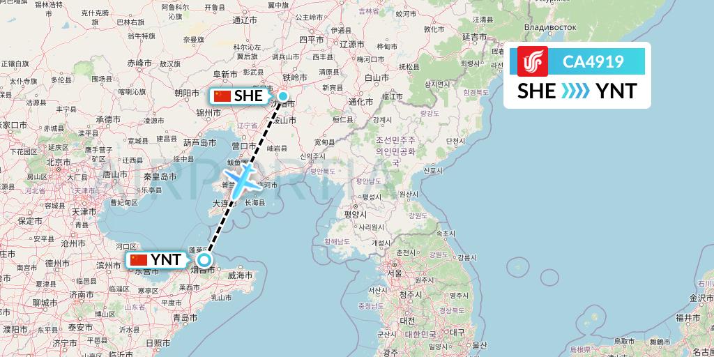 CA4919 Air China Flight Map: Shenyang to Yantai