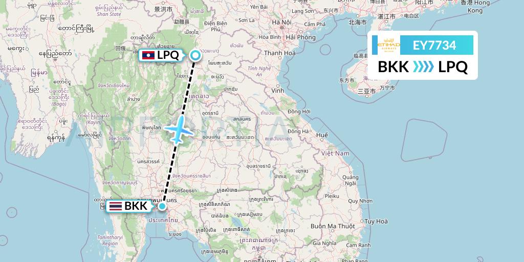EY7734 Etihad Airways Flight Map: Bangkok to Luang Prabang