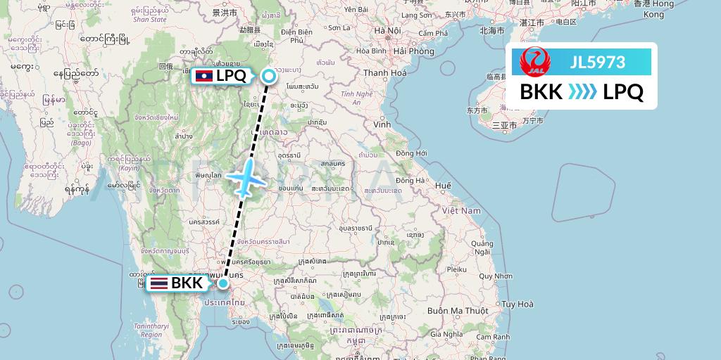 JL5973 Japan Airlines Flight Map: Bangkok to Luang Prabang