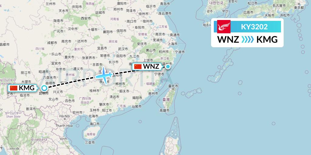 KY3202 Kunming Airlines Flight Map: Wenzhou to Kunming