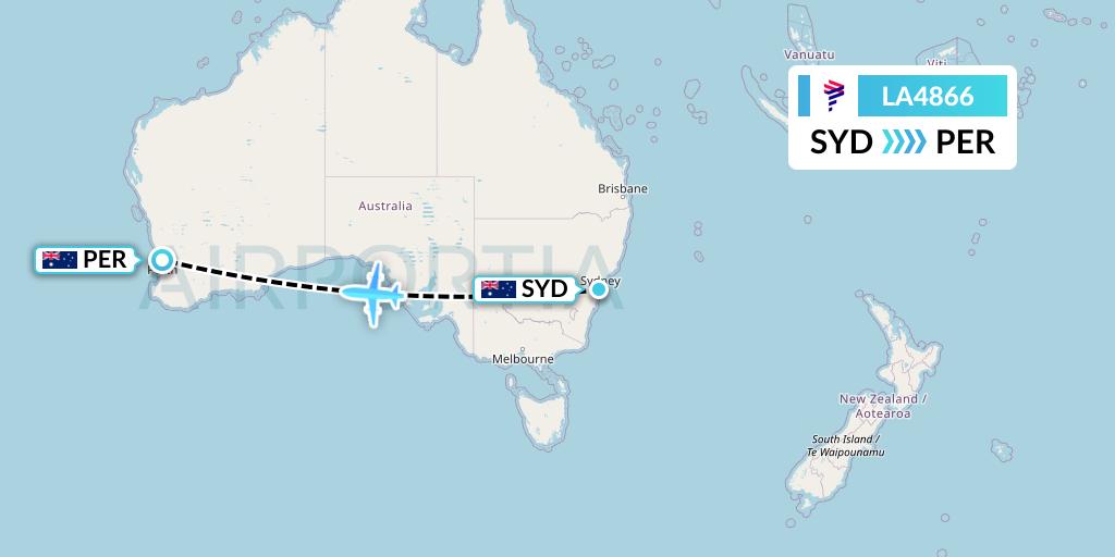 LA4866 LAN Airlines Flight Map: Sydney to Perth