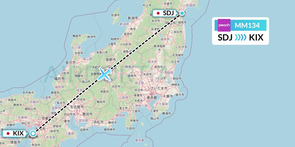 MM134 Peach Aviation Flight Map: Sendai to Osaka