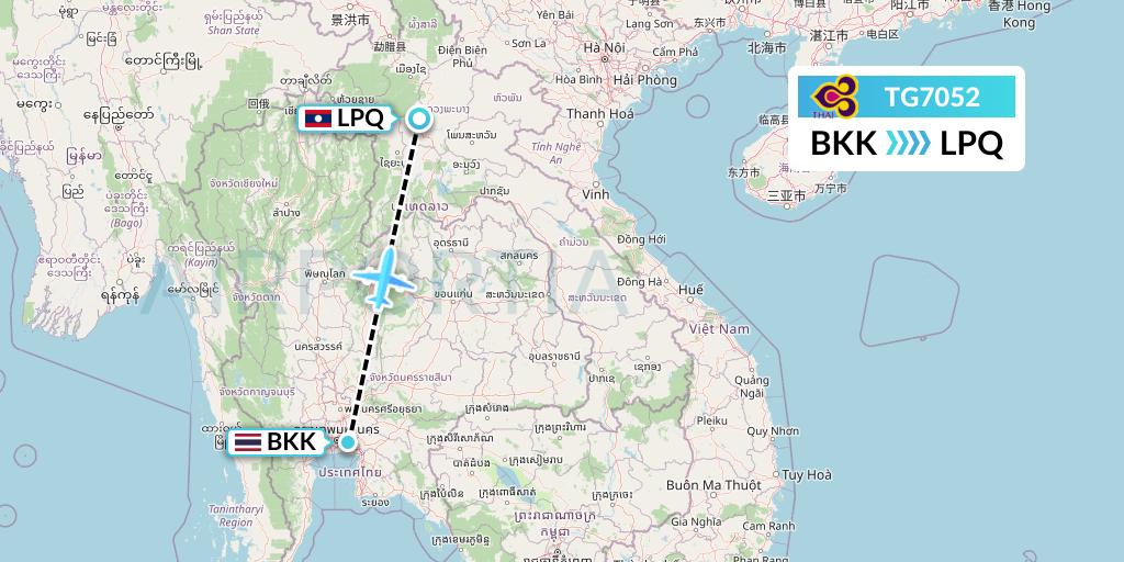 TG7052 Thai Airways Flight Map: Bangkok to Luang Prabang