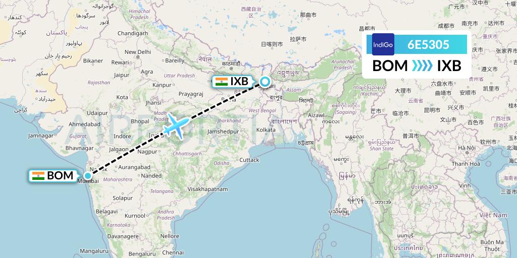 6E5305 IndiGo Airlines Flight Map: Mumbai to Siliguri